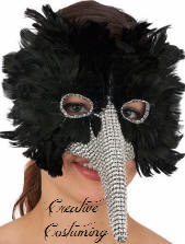 Rhinestone Long Nose Mask w/ Black Feathers